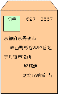 返信用封筒に郵便番号627-8567、宛先京都府京丹後市峰山町杉谷889番地京丹後市役所税務課庶務収納係行と書かれたイラスト
