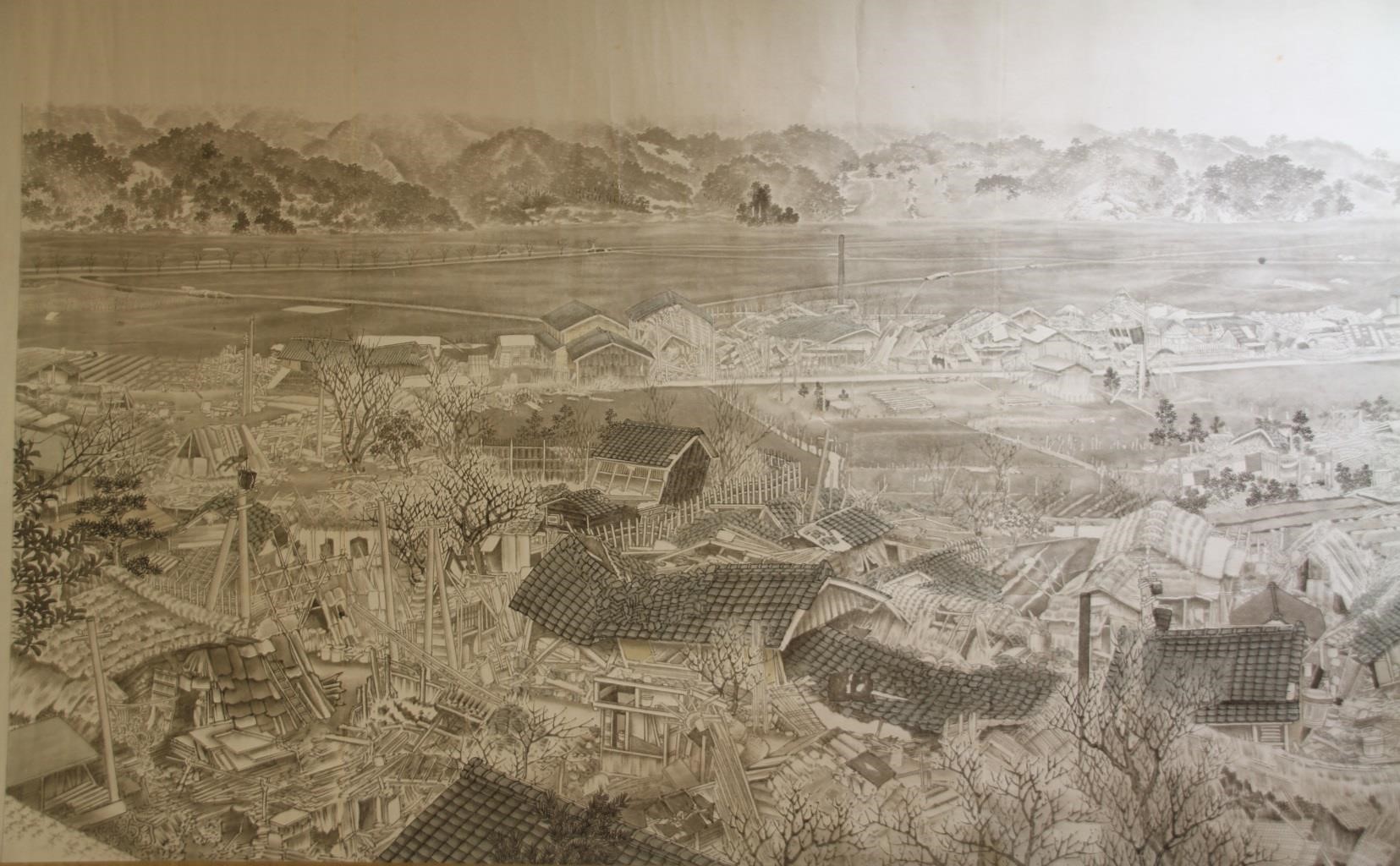 震災直後の網野町を描いた絵(植木博山作)