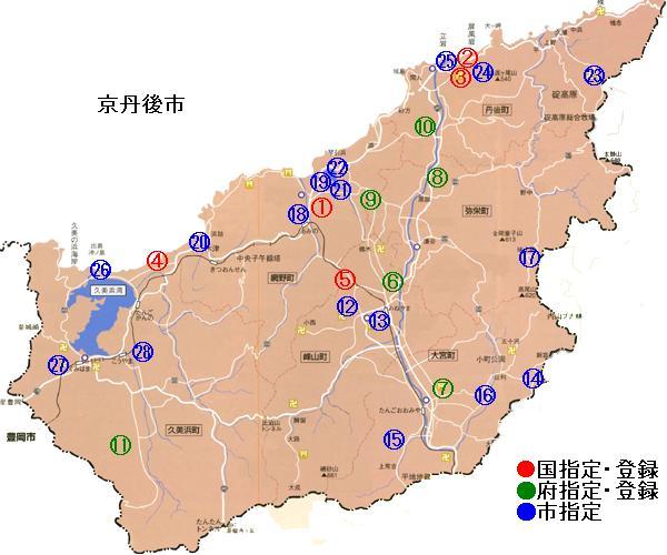 京丹後市内の指定・登録文化財史跡一覧を示した地図