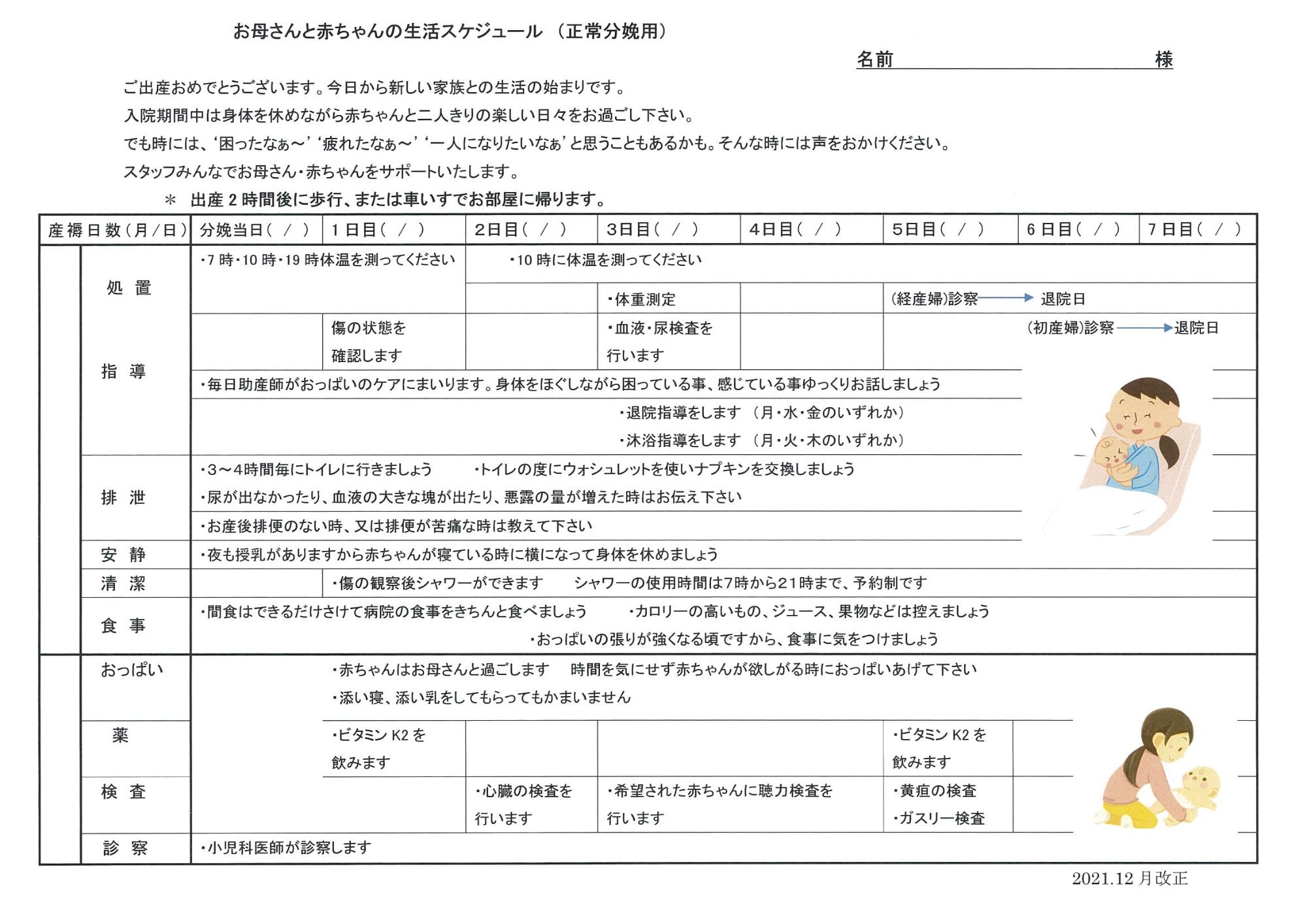 お母さんと赤ちゃんの生活スケジュール(正常分娩)