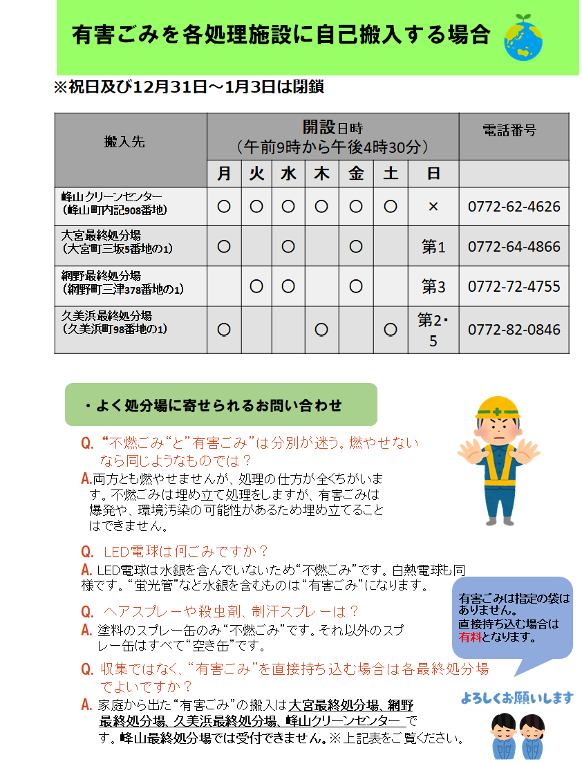 有害ごみを自己搬入する場合について