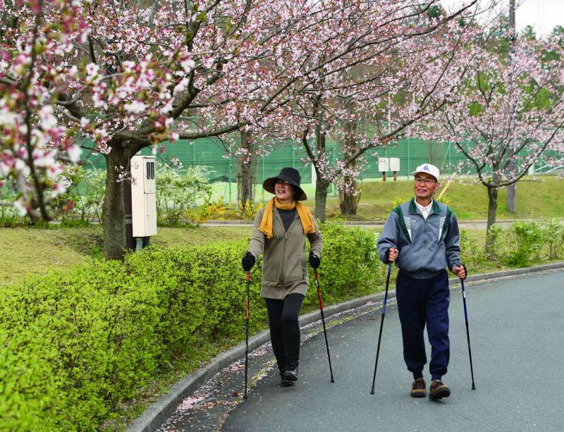 花の咲く道でノルディックウォーキングをする2人の男女の写真