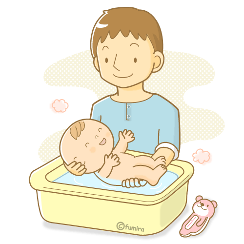 お父さんが赤ちゃんをお風呂に入れているイラスト
