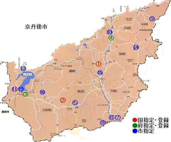 京丹後市内の指定・登録文化財（彫刻）一覧の地図